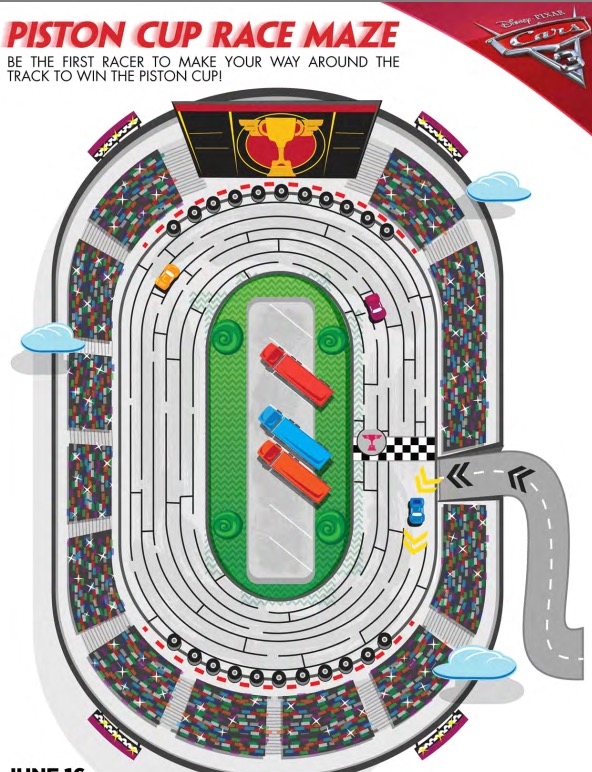 Free activity sheets for Cars 3:  Piston Cup Race Maze