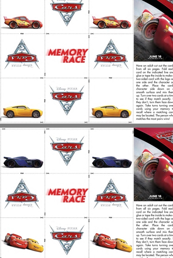 Free activity sheets for Cars 3:  Memory Race