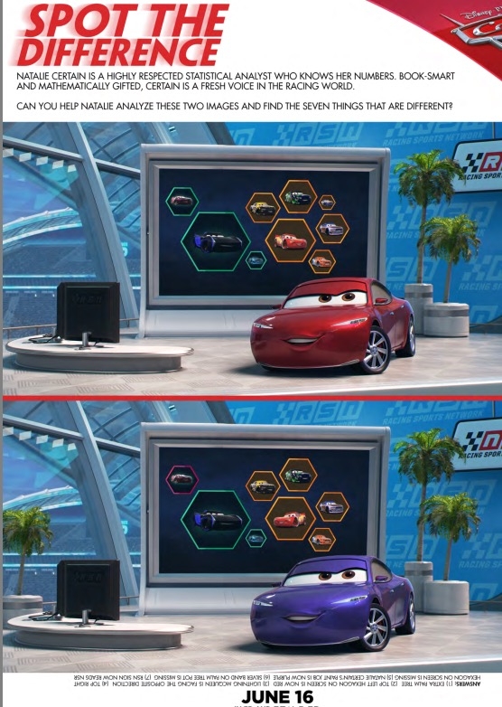 Free activity sheets for Cars 3:  Spot the Difference