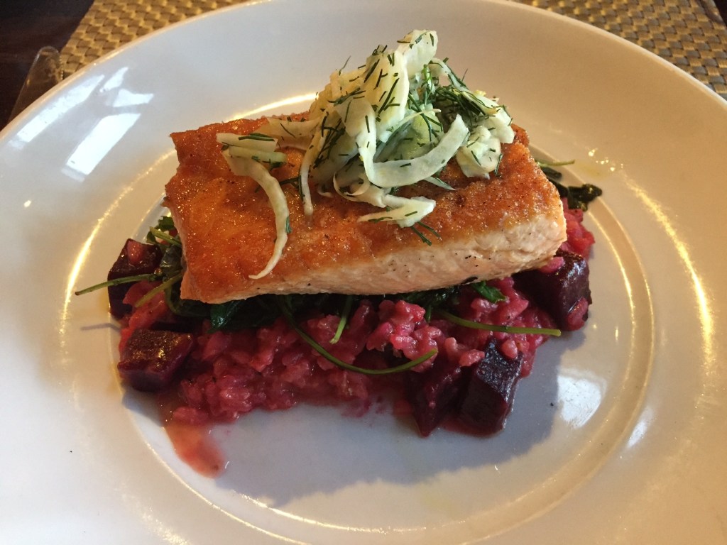 My husband is a fan of the Seared Salmon.