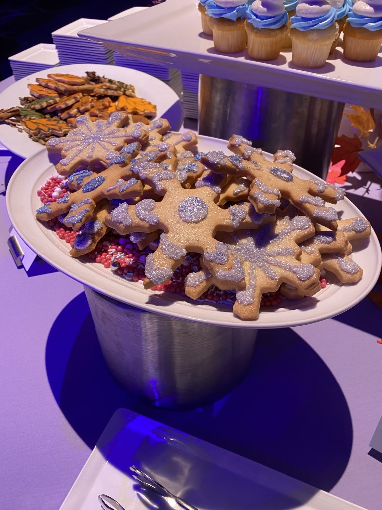 The Frozen themed dessert table included cookies in the shape of snowflakes!