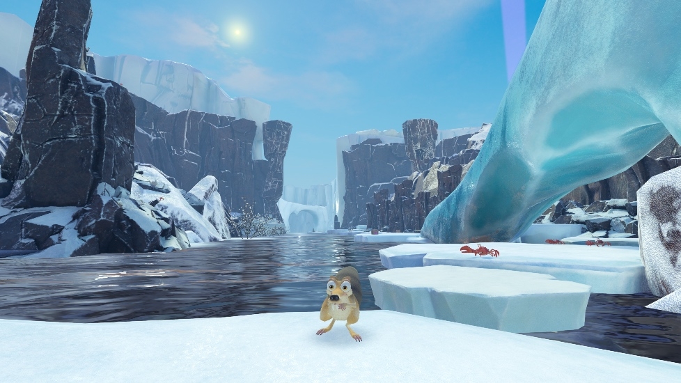 One of the terrains that Scrat must navigate is ice.